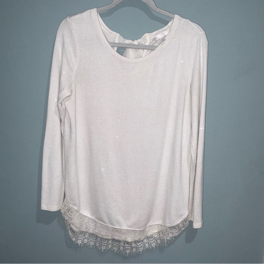 Lauren Conrad Women’s White Sparkle Longsleeve Top With Lace Trim And Tie Back